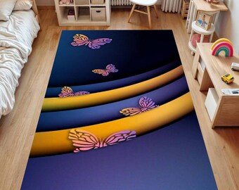 Tapis de chambre d'enfant papillon, motif ondulé abstrait bleu marine, violet et jaune, décoration de sol pour salle de jeux