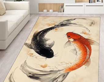 Yin Yang Koi Fish Rug, Japanese Art Style Floor Mat, Zen Minimalist Decor Carpet, Tranquil Living Room Accent, Peaceful Gift for Home Lovers