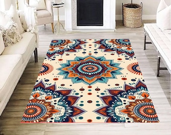 Färgglad mandala-matta, boho etnisk golvdekor, vibrerande geometrisk mönstermatta för vardagsrum sovrum yogautrymme heminredning konst
