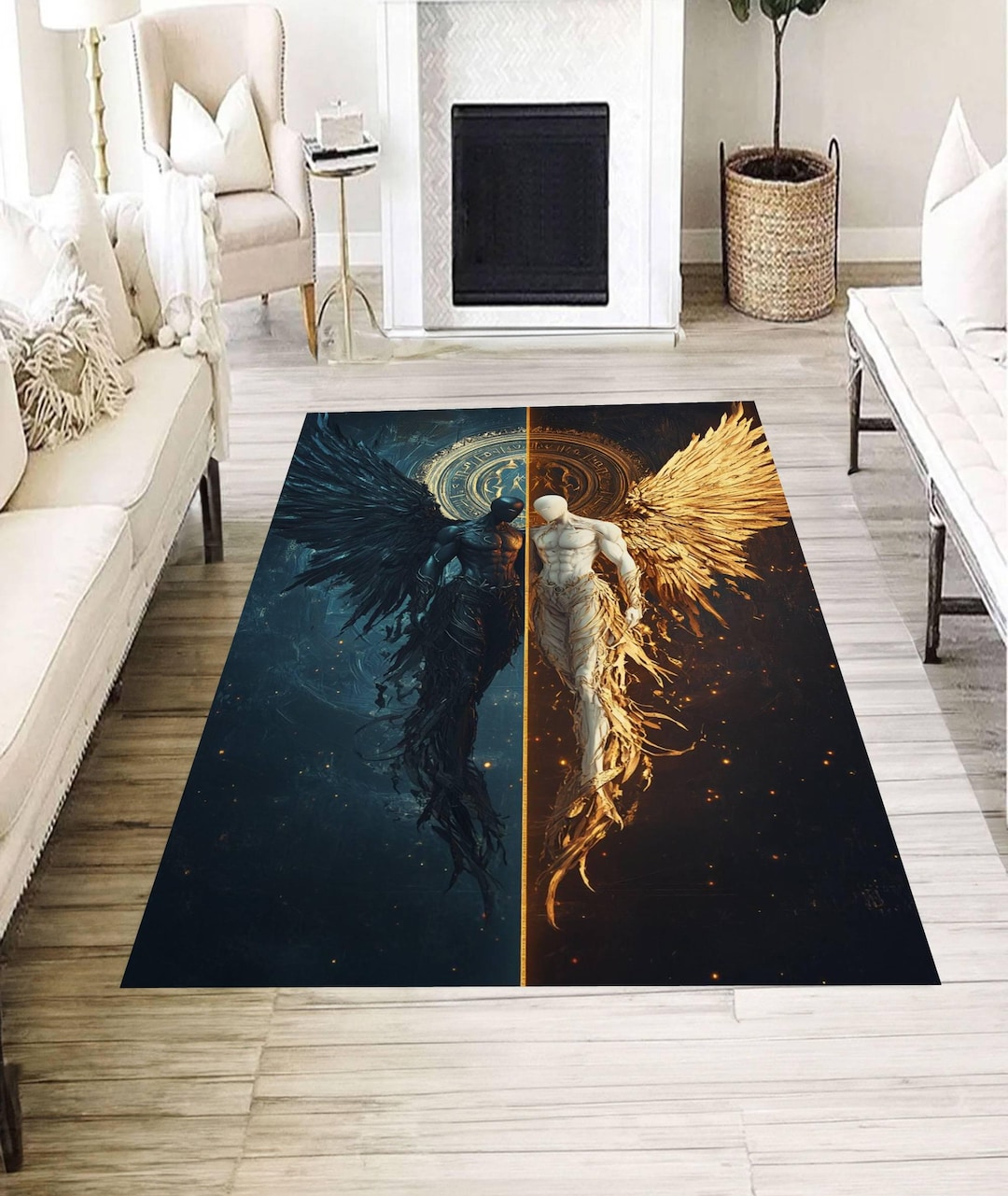 Angel Fairy Rug Dark and Light Angel Rug, Fantasy Winged Warrior Rug, Celestial Art ...