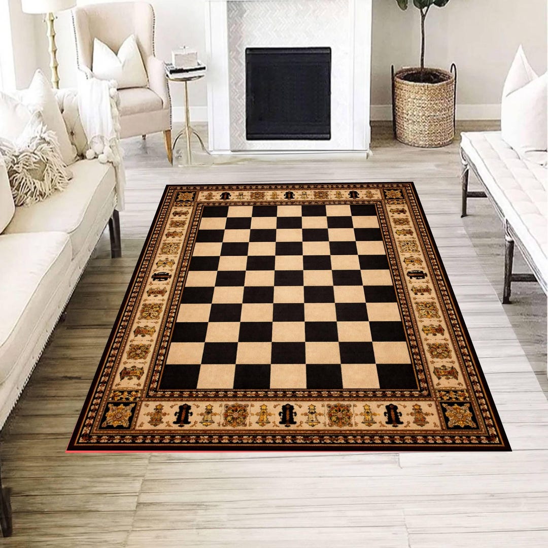 Classic Chessboard Pattern Rug, Vintage Checkered Game Floor Decor for ...
