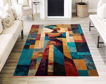 African Woman Abstract Runner Rug, Colorful Cultural Art Carpet, Tribal Queen Design Floor Mat for Living Room, Ethnic Modern Home Decor