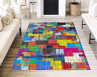 Tapis quadrillé géométrique coloré, motif rectangle abstrait, décoration de sol de salon moderne, conception de tapis
