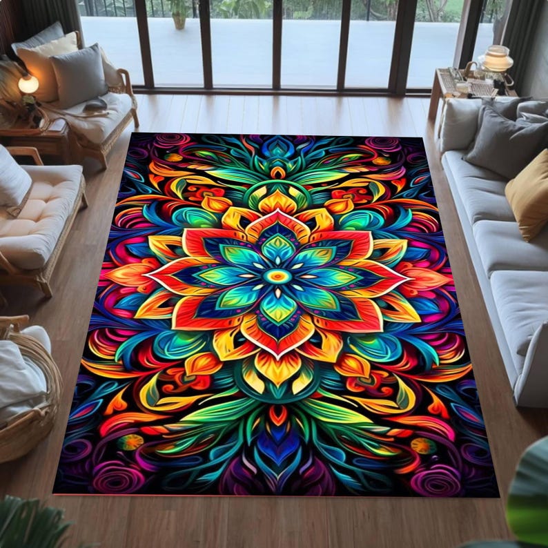 Vibrant Rectangular Rug Mandala Psychedelic Abstract Area Rug, Colorful Symmetrical Pattern for ...