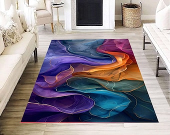 Tapis abstrait vagues de couleur fluide violet bleu orange tapis contemporain de décoration de sol de salon