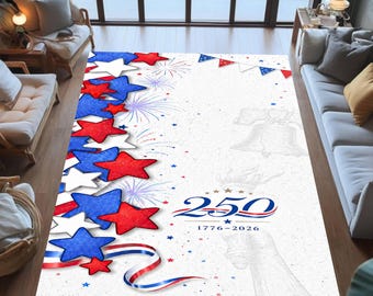 Tapis patriotique anniversaire 250e, décor célébration rouge blanc bleu étoiles feux d'artifice cloche de la liberté 1776 à 2026
