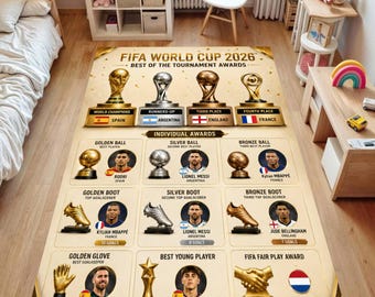 Tapis décoratif pour la zone des récompenses de football, thème du tournoi avec trophées dorés et statistiques de championnat