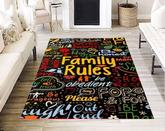 Tapis de typographie Family Rules Mots inspirants colorés Motif Décoration de sol du salon Tapis design