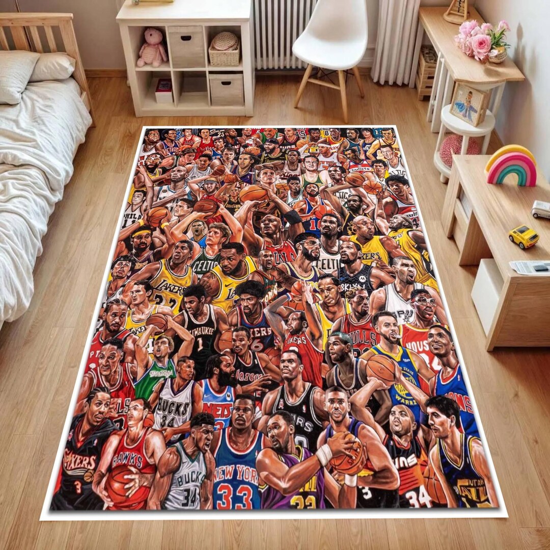 Collage Rug Basketball Legends Collage Rug, Vintage Sports Art Area Carpet for Game ...