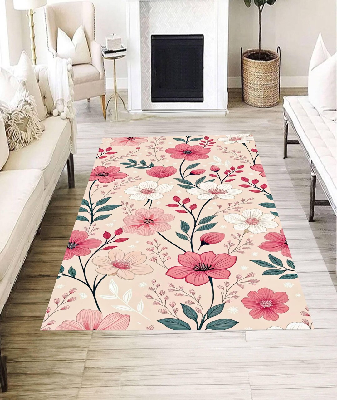 Blush Pink Floral Rug, Botanical Flower Pattern Carpet, Feminine ...