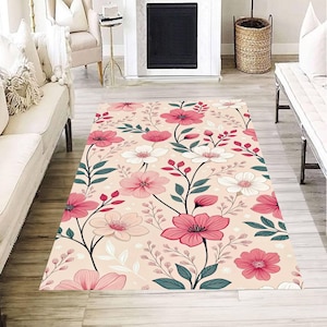 Tapis à fleurs rose poudré, tapis à motif de fleurs botaniques, tapis de style cottage féminin féminin, décoration d'inspiration vintage pour chambre à coucher, salon