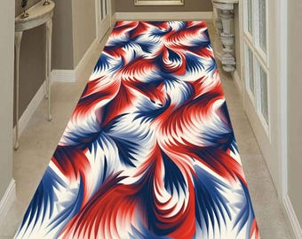 Tapis de couloir curviligne abstrait rouge bleu marine blanc, motif géométrique contemporain à plumes, revêtement de sol de couloir