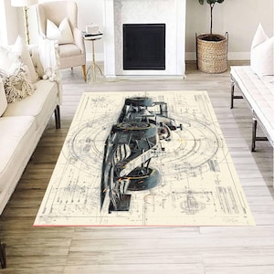 May include: A rectangular area rug featuring a Formula 1 race car design. The rug has a cream-colored background with a blueprint-style illustration of the car and technical drawings. The car is black and gray with yellow accents. The rug has a red border.
