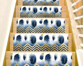 Tapis d'escalier Blue Feather, ensemble de couvre-marches d'intérieur à motif chevron doré et aquarelle marine