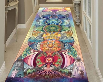 Psychedelic Spiritual Runner Rug, Sacred Geometry Chakra Pattern Carpet For Hallway Entry Floor Decor