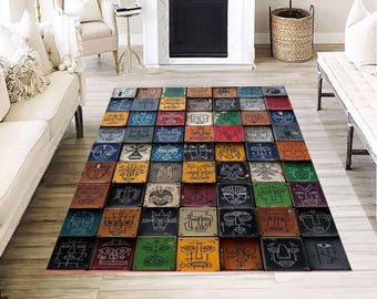 Tapis en mosaïque avec masque tribal, motif de visages abstraits colorés, tapis de décoration de sol pour salon éclectique