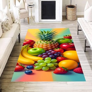 Colorful fruit rug, tropical pineapple rug, vibrant kitchen floor mat, juicy fruit pattern decor, playful kids room rug, modern home accent