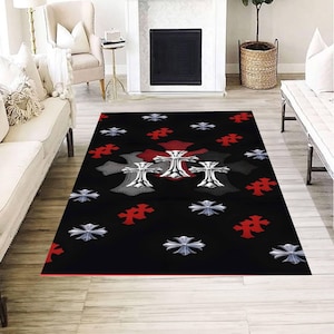 Gothic Cross Pattern Rug Black Red Silver Symbolic Motif Living Room Floor Decor Carpet