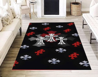 Tapis motif croix gothique noir rouge argent motif symbolique salon tapis décoratif sol