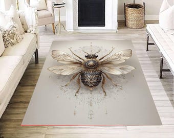 Tapis orné d'illustrations d'abeilles, or beige, oeuvre d'insectes, tapis neutre de décoration de sol de salon