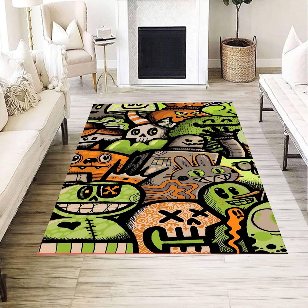 Monster Ink Rug Graffiti Monster Cartoon Area Rug, Halloween Street Art Living Room ...