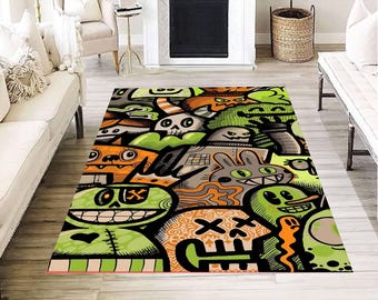 Graffiti Monster Cartoon Area Rug, Halloween Street Art Living Room Floor Carpet Decor Interior