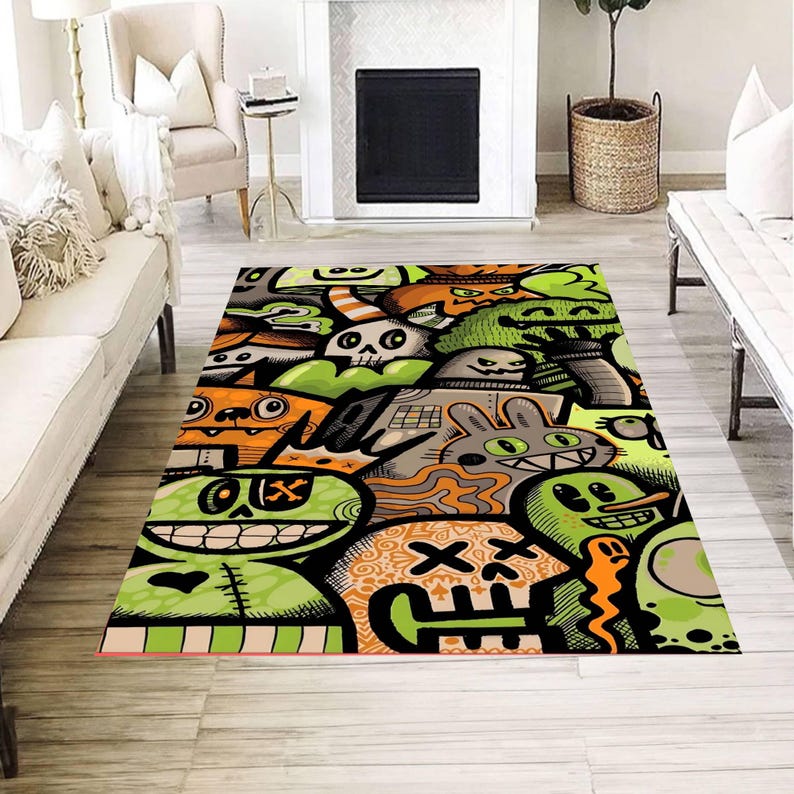Pixel Monster Rug Graffiti Monster Cartoon Area Rug, Halloween Street Art Living Room ...