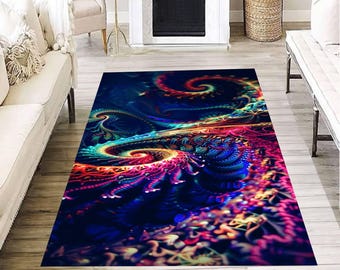 Colorful Psychedelic Swirl Rug, Abstract Trippy Floor Carpet, Vibrant Fractal Art Design, Boho Style Room Decor for Living or Gaming Space