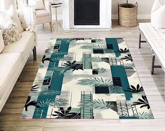 Tapis tropical à motif géométrique abstrait, coloris turquoise, noir et crème, pour un salon moderne