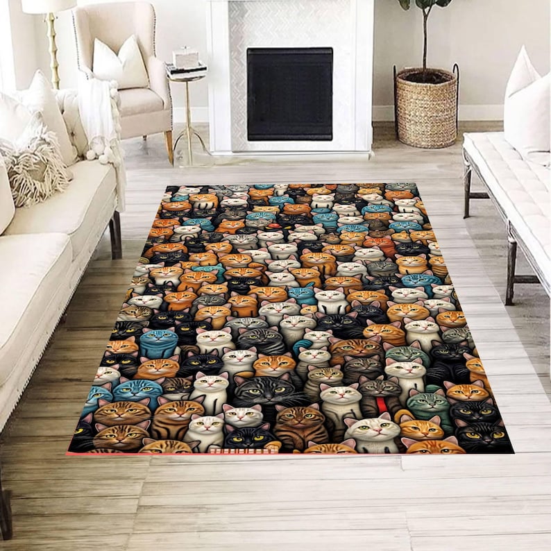 Cat Rug Design Colorful Cat Pattern Rug, Cute Kitty Design Carpet, Fun Pet Lovers ...