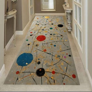 Peut inclure: Un long tapis rectangulaire gris avec un motif abstrait coloré. Le tapis présente de grands cercles bleus, rouges et noirs, ainsi que de petits points de différentes couleurs. Des lignes noires et des éclaboussures jaunes créent un motif dynamique.