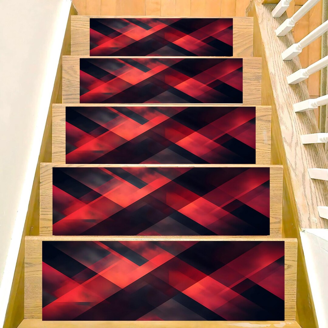 Red Black Stair Riser Rug Set, Modern Geometric Pattern Step Carpet ...
