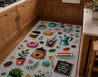 Tapis de cuisine style café, motif botanique gourmand avec illustration florale de fraises, de beignet et de cafetière turquoise