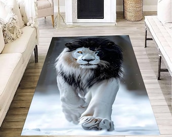 Alfombra de león en blanco y negro, alfombra de animales monocromática, alfombra moderna de safari para la sala de estar.