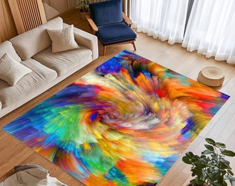 Tapis de salon moderne à motifs abstraits multicolores et tourbillonnants, style moderne, avec touches de pinceau.
