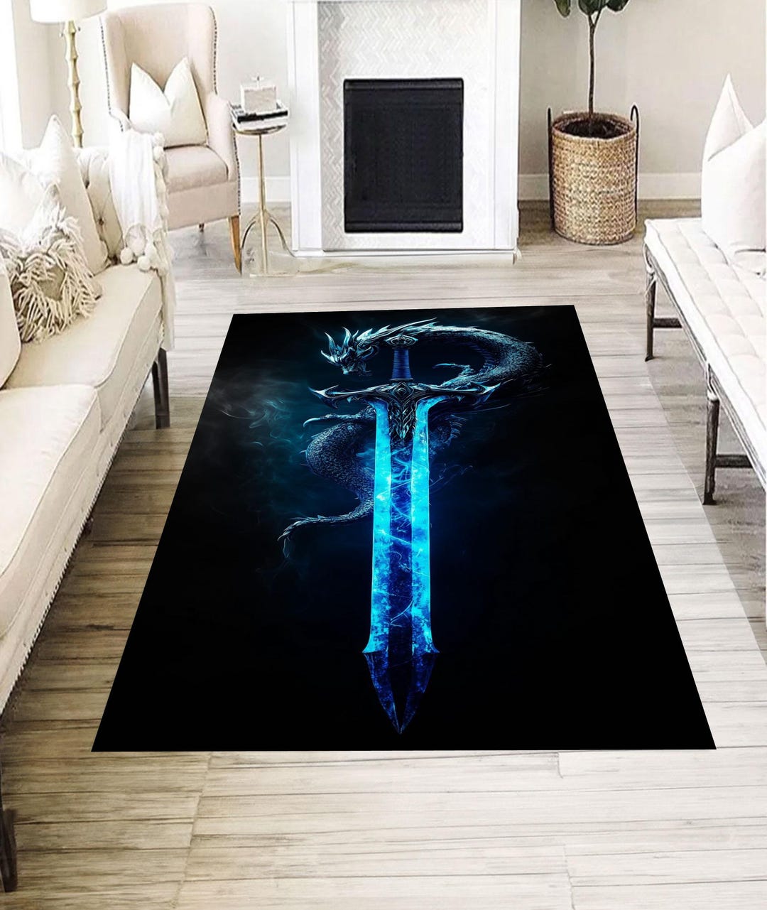 Blue Dragon Sword Rug Fantasy Game Room Decor Magic Weapon Carpet for ...