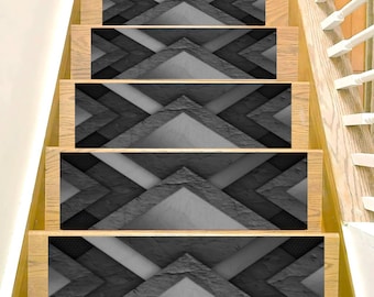 Modern Black Stair Tread Rug, Geometric Pattern Carpet for Steps, Textured Dark Design, Contemporary Stairway Decor, Stylish Home Mat