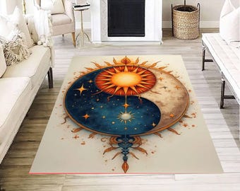 Tapis Yin Yang Soleil Céleste Symbole d'Équilibre Cosmique Tapis Décor De Salon Beige