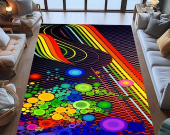 Tapis abstrait arc-en-ciel, motif circulaire coloré, tapis géométrique moderne noir pour salon