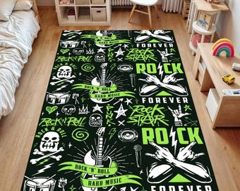 Tapis graphique musique rock'n'roll vert noir, guitare, tête de mort, décoration de chambre, chambre d'ado