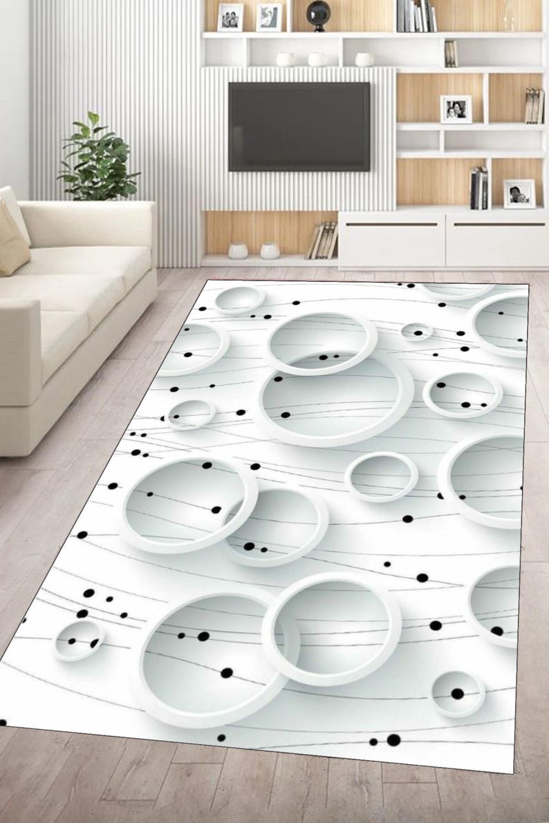 White Dynamic Rug Modern White Circle Rug, 3D Geometric Minimalist Carpet, Abstract Art ...