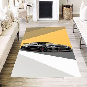 Modern Sports Car Rug, Bold Geometric Supercar Carpet, Racing Fan Room Decor, Black Auto Theme Floor Mat for Teen Bedroom or Game Space