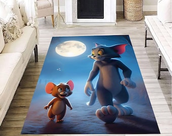 Alfombra con dibujos de gato y ratón, decoración para habitación infantil con diseño de noche de luna, alfombra con arte animal divertido para el hogar, acogedor regalo para habitación infantil.