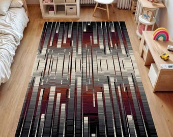 Tapis moderne abstrait, motif géométrique linéaire gris bordeaux noir pour salon