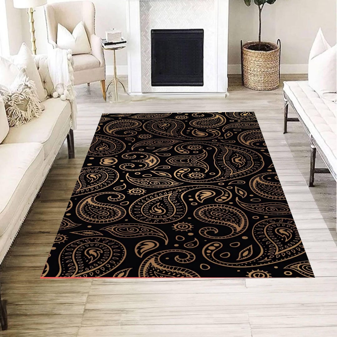 Black Paisley Area Rug, Vintage Bandana Pattern Carpet for Modern ...