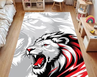Tapis graphique lion rugissant rouge noir gris illustration de la faune décoration de sol de chambre à coucher tapis