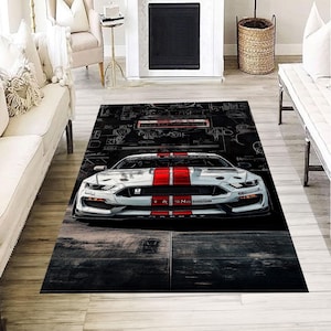 Racing Car Rug for Boys Room, Custom Sports Car Area Rug for Garage Decor, Cool Gift for Car Lovers, Modern Muscle Car Floor Mat