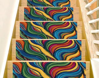 Colorful Stair Treads Rug, Washable Non Slip Step Mat, Modern Abstract Stair Carpet, Durable Stair Runner, Indoor Safety Stair Cover