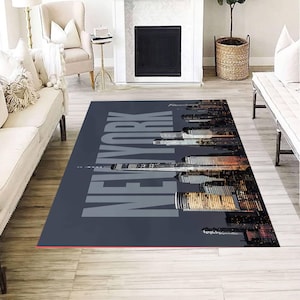 ニューヨークシティのスカイラインラグ、都会の夜景建築カーペット、モダンなメトロポリタンリビングルームの装飾