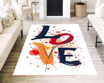 Kleurrijk liefdestypografietapijt, romantisch woordkunsttapijt, modern abstract hartontwerpmat, levendig interieuraccent voor woonkamer of slaapkamer